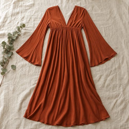 Patrón de costura de vestido maxi vintage de los 70 con mangas acampanadas, vista 2