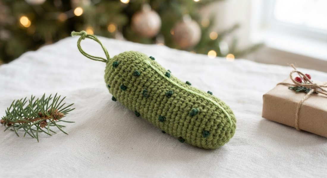 Christmas Pickle Ornament crochet amigurumi close up