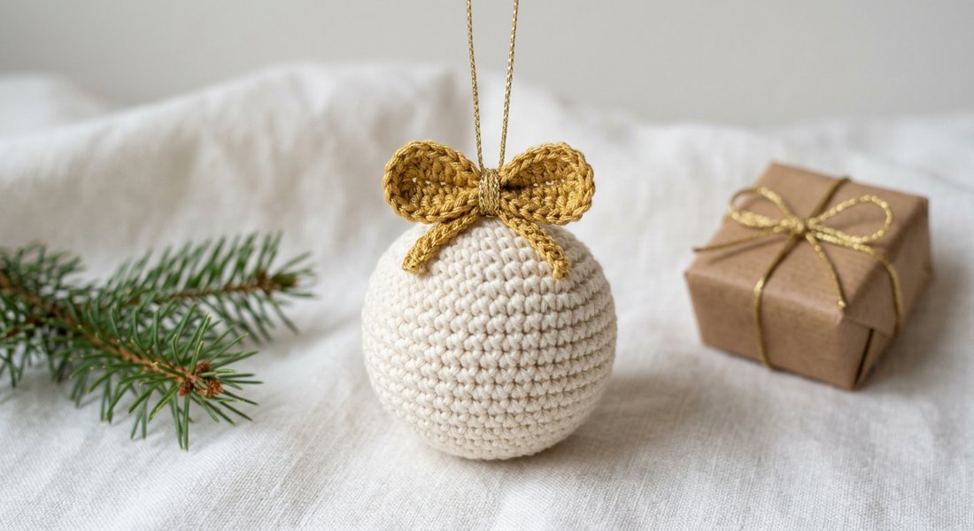 Gold Bow Bauble crochet amigurumi close up
