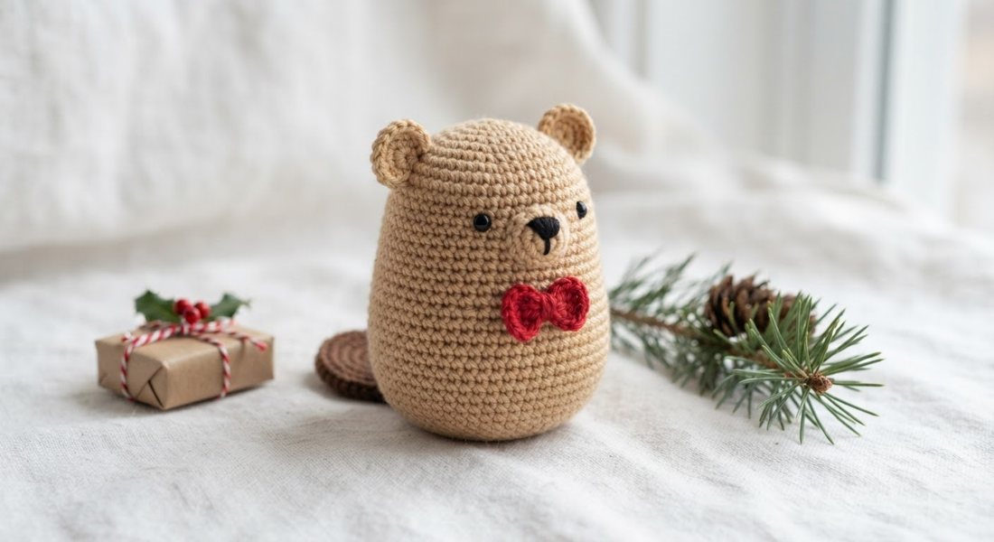 Little Christmas Beaver crochet amigurumi close up