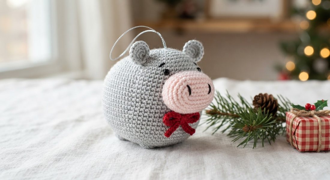 Little Christmas Hippo crochet amigurumi close up