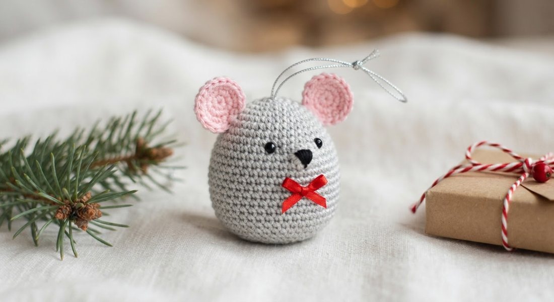 Little Christmas Mouse crochet amigurumi close up