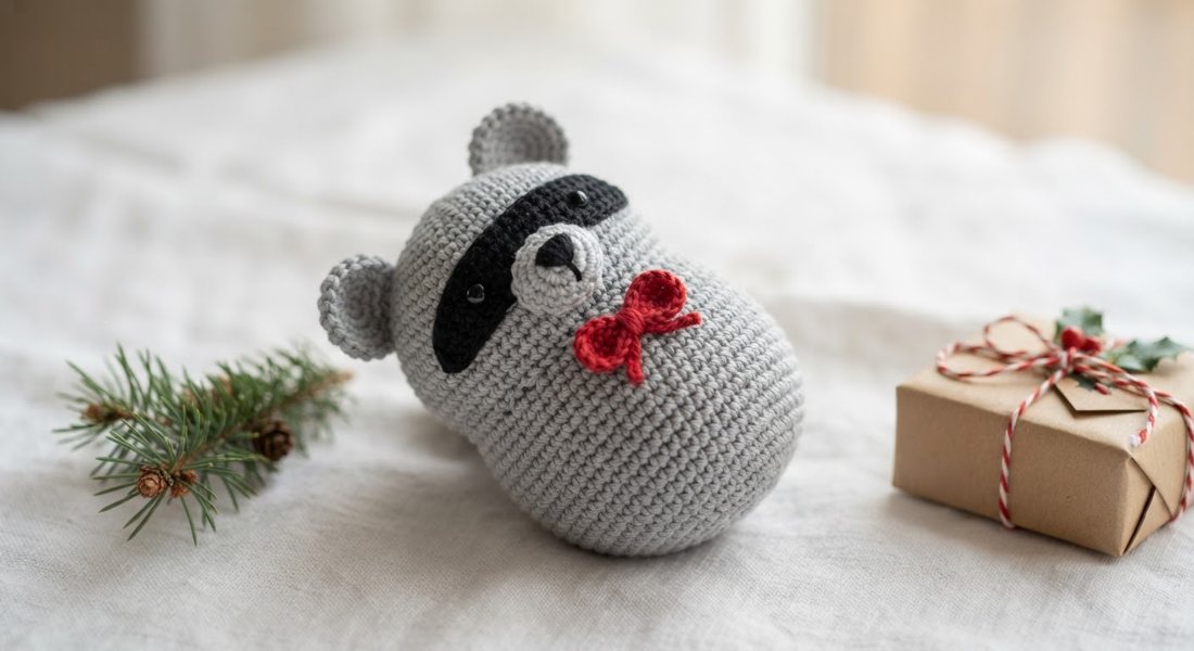 Little Christmas Raccoon crochet amigurumi close up