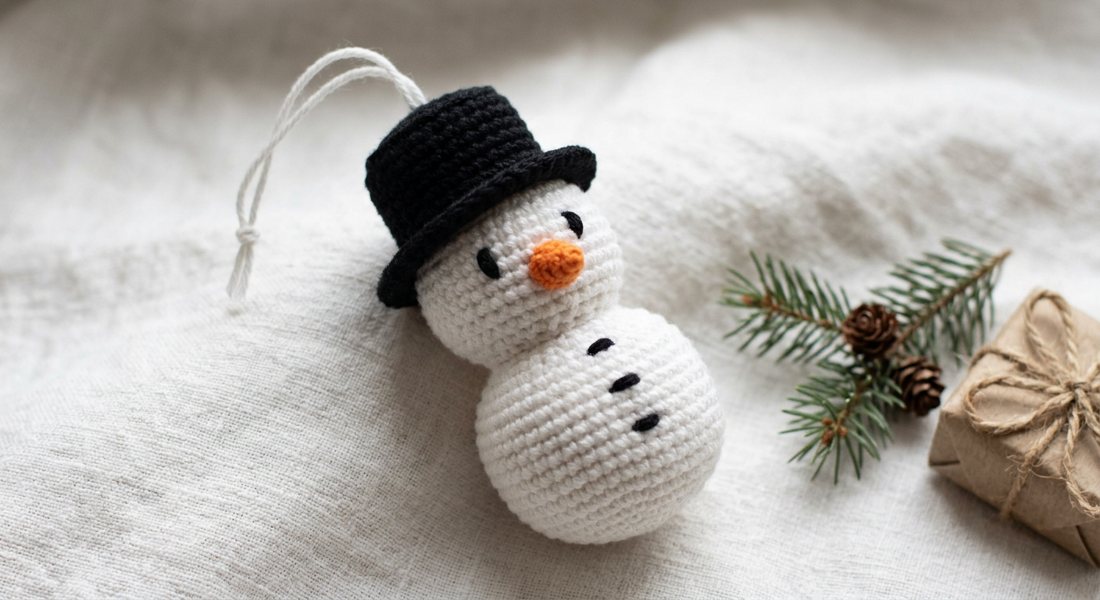 Snowman with a Top Hat crochet amigurumi close up