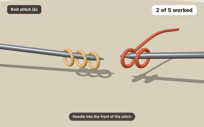 Knit stitch (k): 3D knitting lesson